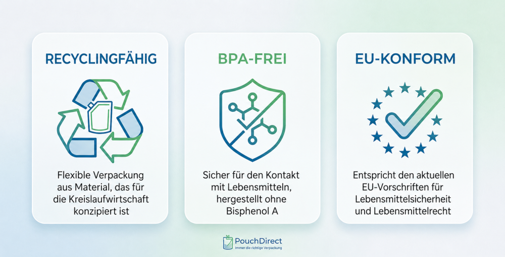 Symbole für Nachhaltigkeit und Verpackungsvorschriften: 100 % recycelbar, BPA-frei und EU-konform Symbole für Nachhaltigkeit und Verpackungsvorschriften: 100 % recycelbar, BPA-frei und EU-konform
