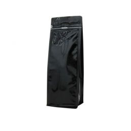 Flachboden-Kaffeebeutel mit Frontreissverschluss - glanzend schwarz - 250 gr (95x245+{35+35} mm)