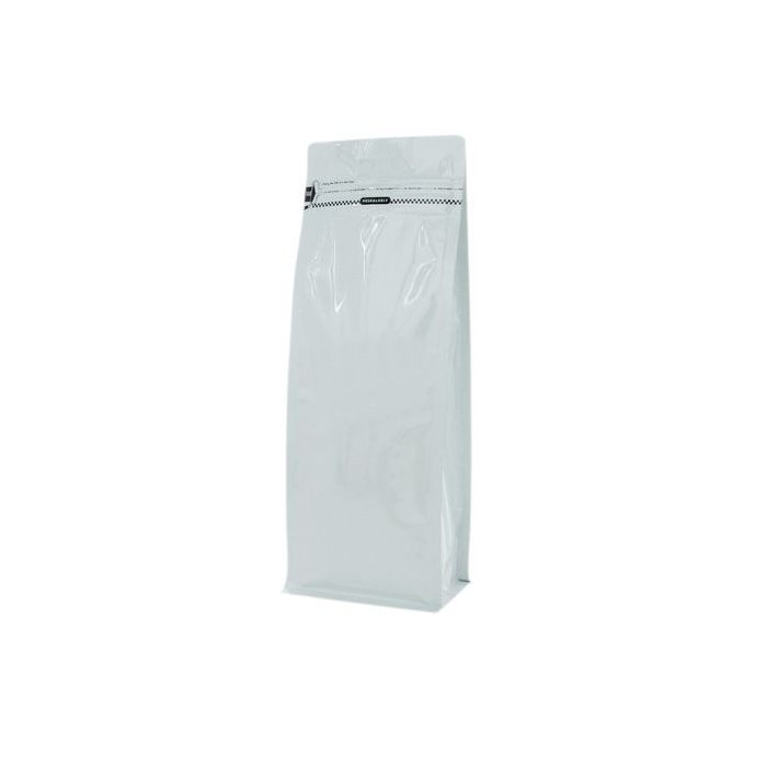 Flachbodenbeutel mit Frontreissverschluss - glanzend weiss - 110x300+{40+40} mm (1,25-1,4 ltrl)