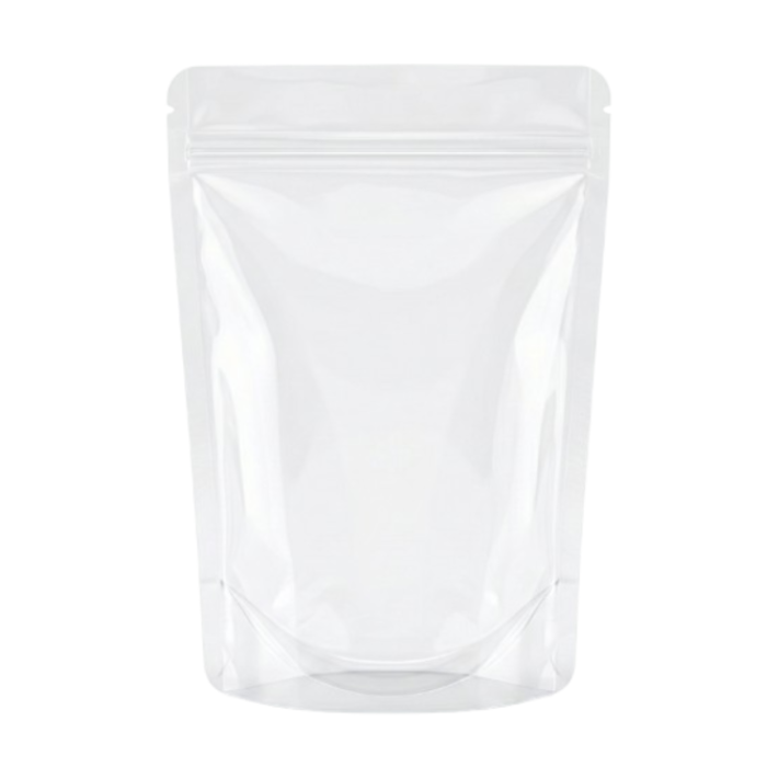 A professional product mockup of an empty, glossy transparent plastic stand-up pouch featuring a resealable zipper and smooth rounded corners, isolated on a clean white background.