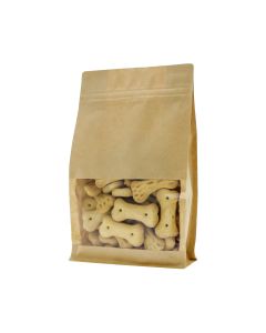 Brauner aluminiumfreier Kraftpapier Flachbodenbeutel mit Fenster und Frontzipper.