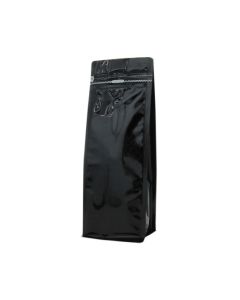 Flat Bottom Pouch shiny black with valve and front zipper
