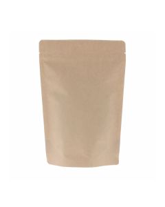 Brauner Kraftpapier-Standbodenbeutel mit Einreißkerbe und Druckverschluss.