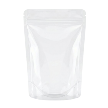 A professional product mockup of an empty, glossy transparent plastic stand-up pouch featuring a resealable zipper and smooth rounded corners, isolated on a clean white background.