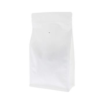 Mattweißer recycelbarer Flachboden-Kaffeebeutel mit Ventil, Einreißkerbe und Druckverschluss.