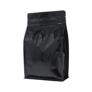 Flachboden-Kaffeebeutel mit Zip-verschluss - glanzend schwarz - 250 gr (140x210+{35+35} mm) 