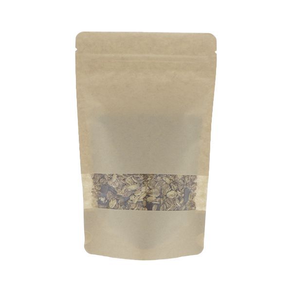 Standbodenbeutel Kraftpapier mit Fenster - braun - 110x170+{35+35} mm (200-225ml)