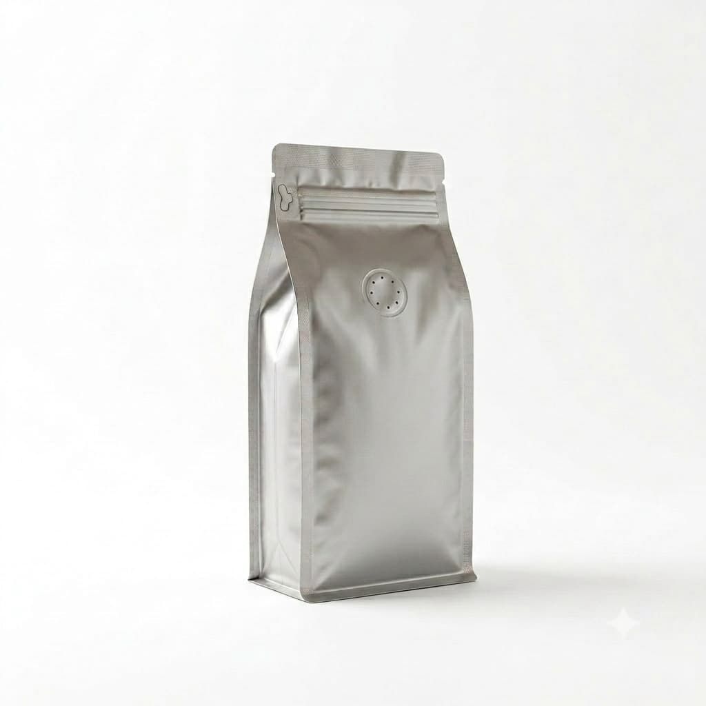 Flachboden-Kaffeebeutel Limited Edition Matt Silver (valve + front zipper) 95x245+(35+35)mm