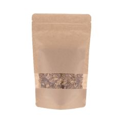 Standbodenbeutel Kraftpapier mit Fenster - braun - 110x170+{35+35} mm (200-225ml)